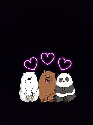 We Bare Bears Trio Sitting Together with Glowing Pink Hearts on Black Background HD phone wallpaper