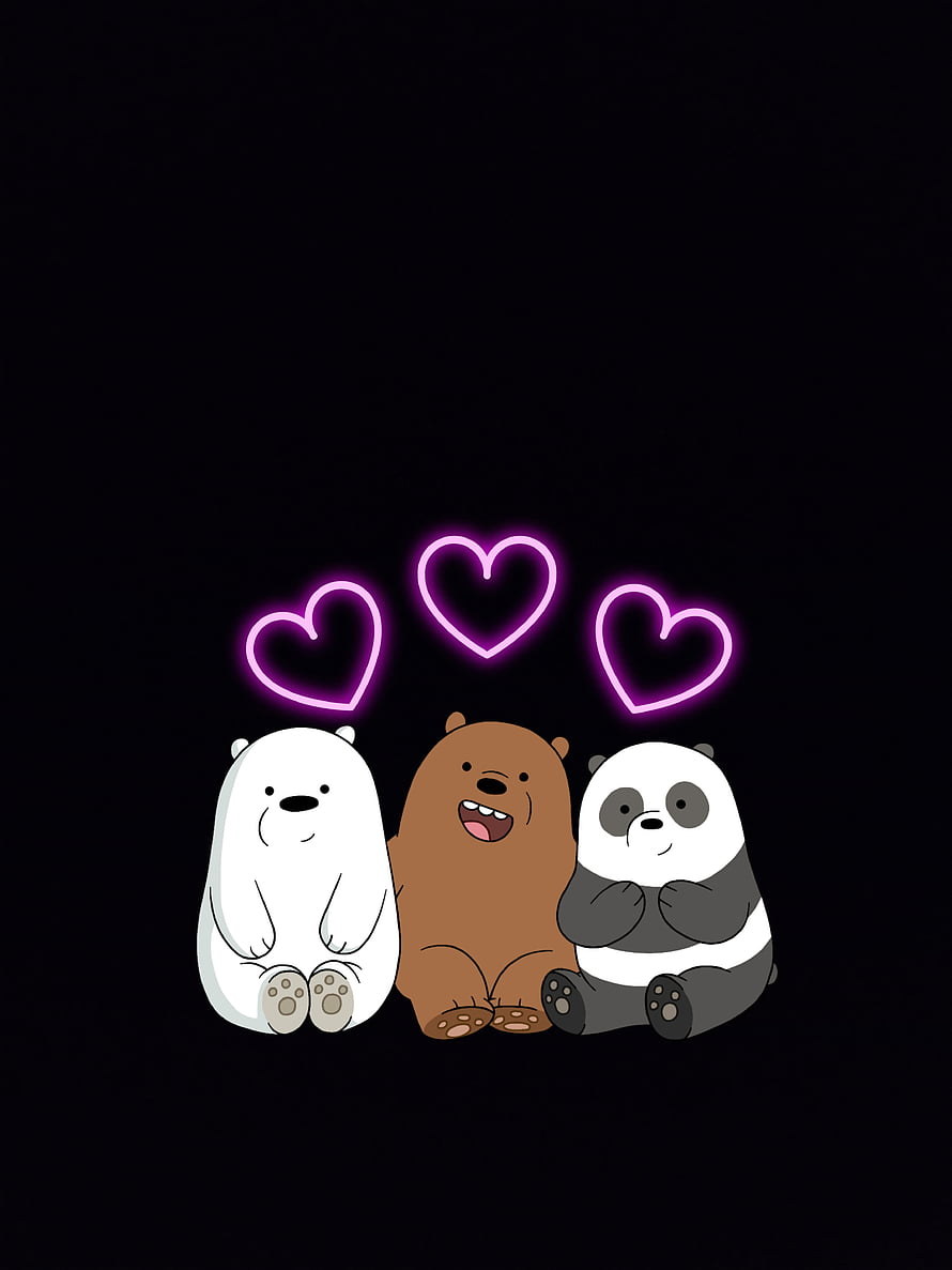 We Bare Bears Trio Sitting Together with Glowing Pink Hearts on Black Background HD phone wallpaper