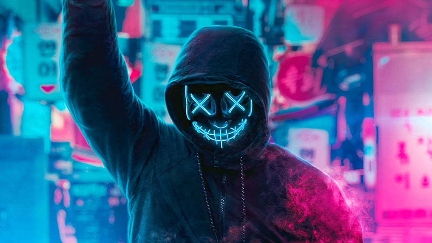 Neon Masked Figure With Glowing X Eyes In Cyberpunk City HD wallpaper
