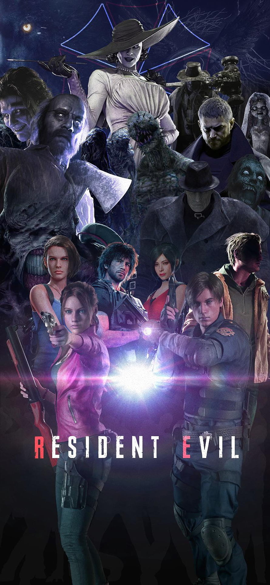 Resident Evil Character Ensemble Poster Featuring Survivors and Villains in Dark Horror Setting HD phone wallpaper