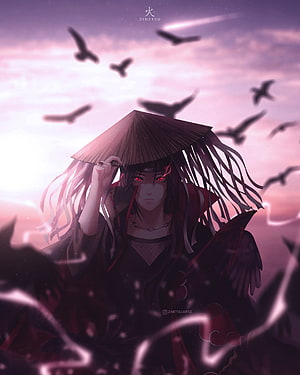 Itachi Uchiha wearing a straw hat with crows in a purple sunset anime wallpaper HD phone wallpaper