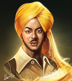 Digital Portrait of Bhagat Singh Wearing a Golden Turban and Mustache HD phone wallpaper