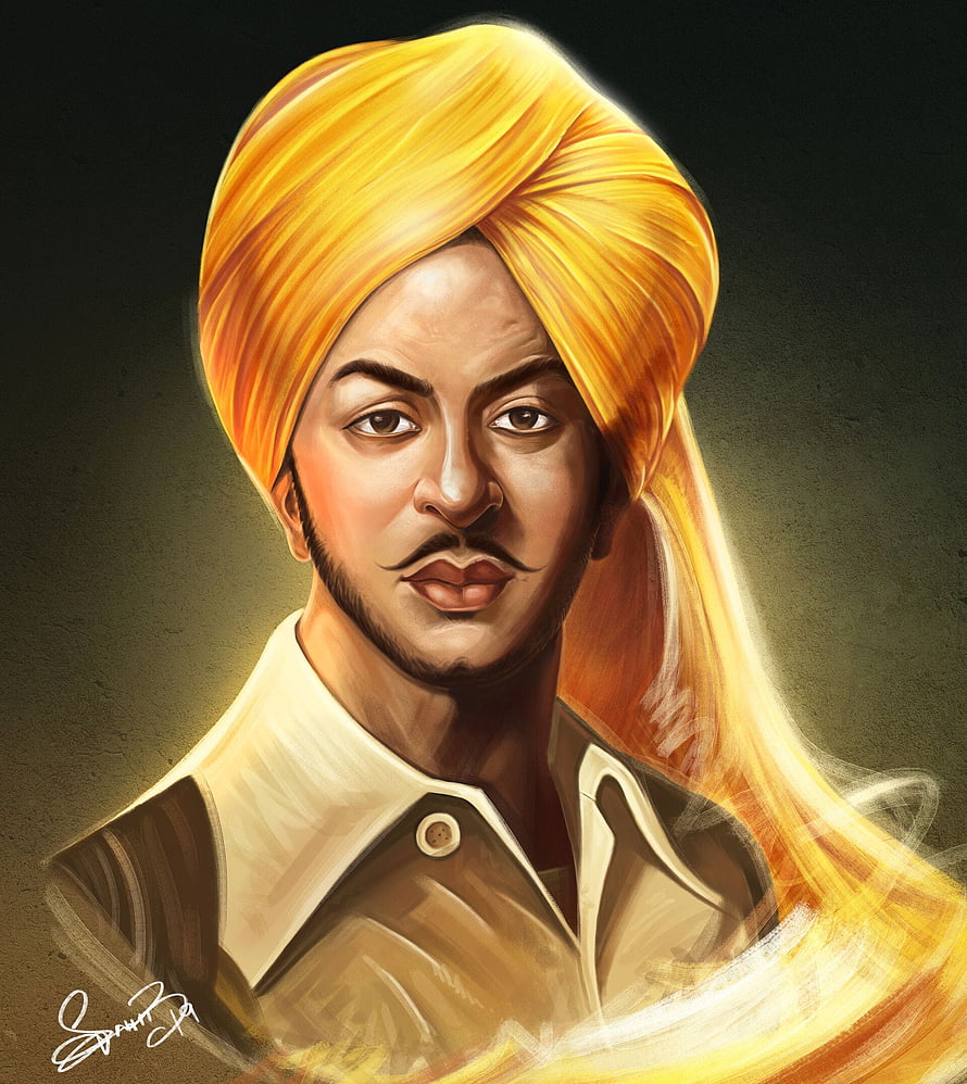 Digital Portrait of Bhagat Singh Wearing a Golden Turban and Mustache HD phone wallpaper