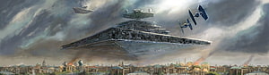 Star Wars Imperial Star Destroyer and TIE Fighters Hovering Over a City HD wallpaper
