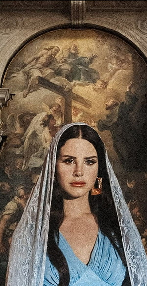 Lana Del Rey in Blue Gown and Lace Veil Before Classical Religious Fresco HD phone wallpaper