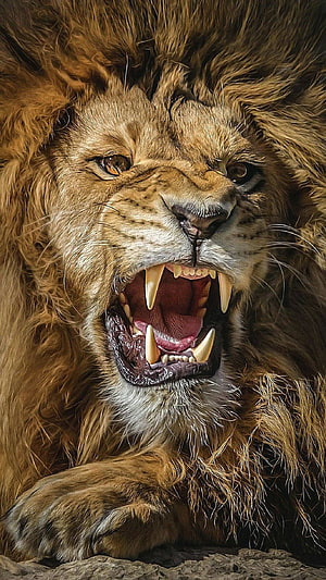 Majestic Male Lion Roaring Close-Up Portrait With Sharp Fangs And Thick Mane, Roaring Lion, Lion Roaring Ultra HD phone wallpaper
