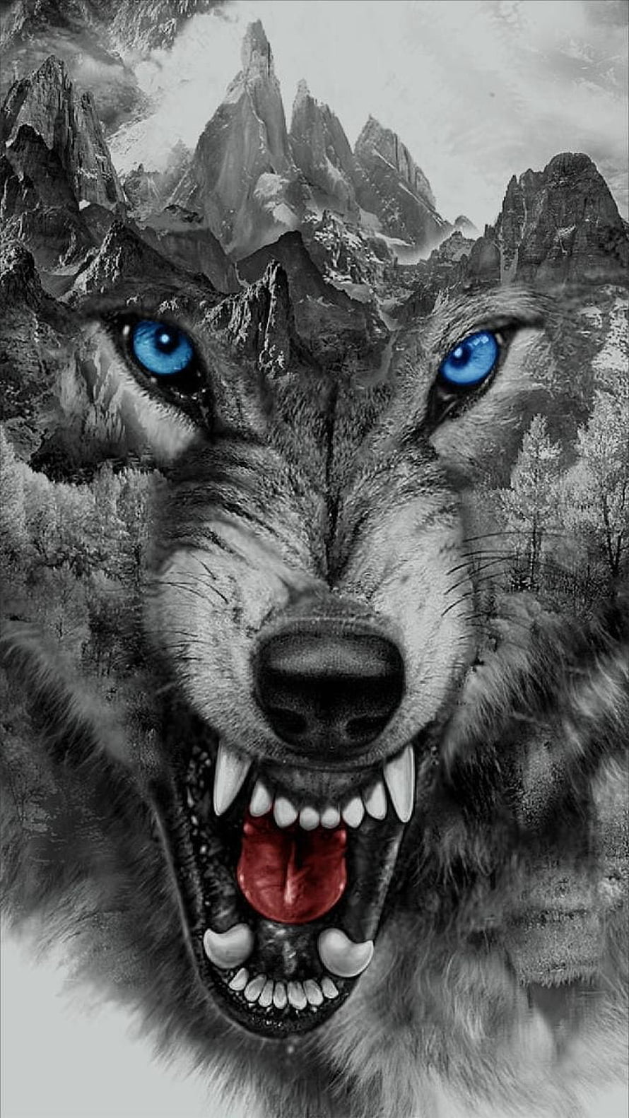 Fierce Wolf Head With Blue Eyes And Mountain Landscape Double Exposure Art HD phone wallpaper