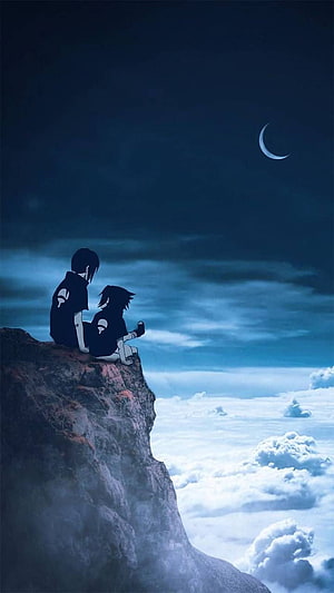Naruto Sasuke and Sakura sitting on a cliff edge overlooking clouds under a crescent moon HD phone wallpaper