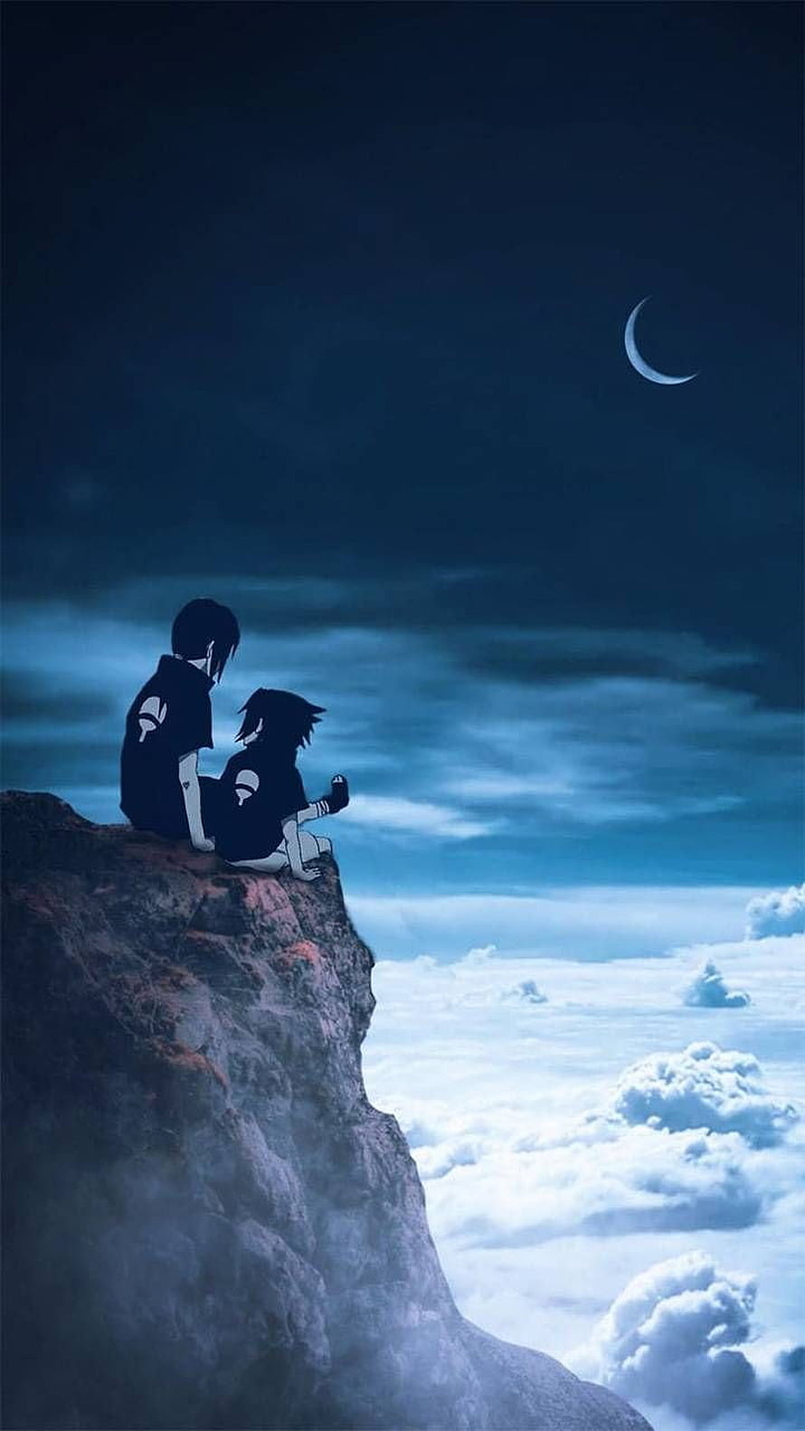 Naruto Sasuke and Sakura sitting on a cliff edge overlooking clouds under a crescent moon HD phone wallpaper