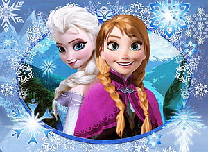 Elsa and Anna from Frozen 2 in winter wonderland with snowflakes and mountains HD wallpaper