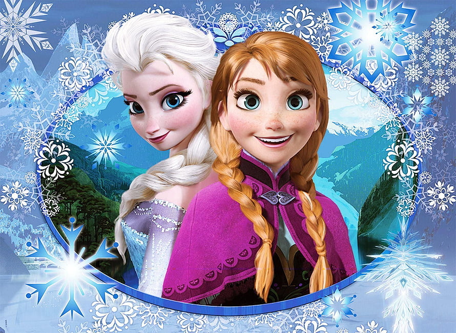 Elsa and Anna from Frozen 2 in winter wonderland with snowflakes and mountains HD wallpaper