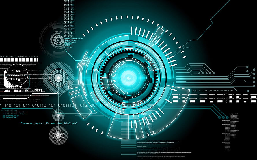 Futuristic Cyan Holographic HUD Interface with Central Circular Display and Circuit Board Elements HD wallpaper