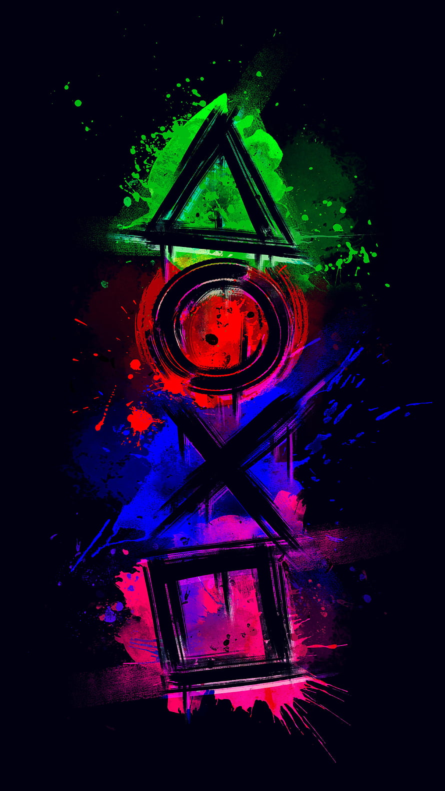 Neon Splatter Art Featuring Triangle Circle X and Square Symbols HD phone wallpaper