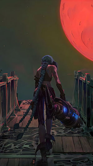 Jinx from Arcane Standing on a Deck Under a Red Planet HD phone wallpaper