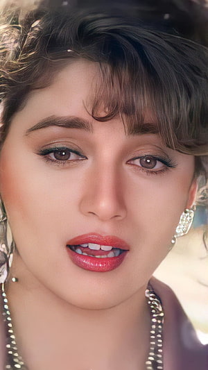 Madhuri Dixit Close-Up Portrait With Red Lipstick And Vintage Jewelry HD phone wallpaper