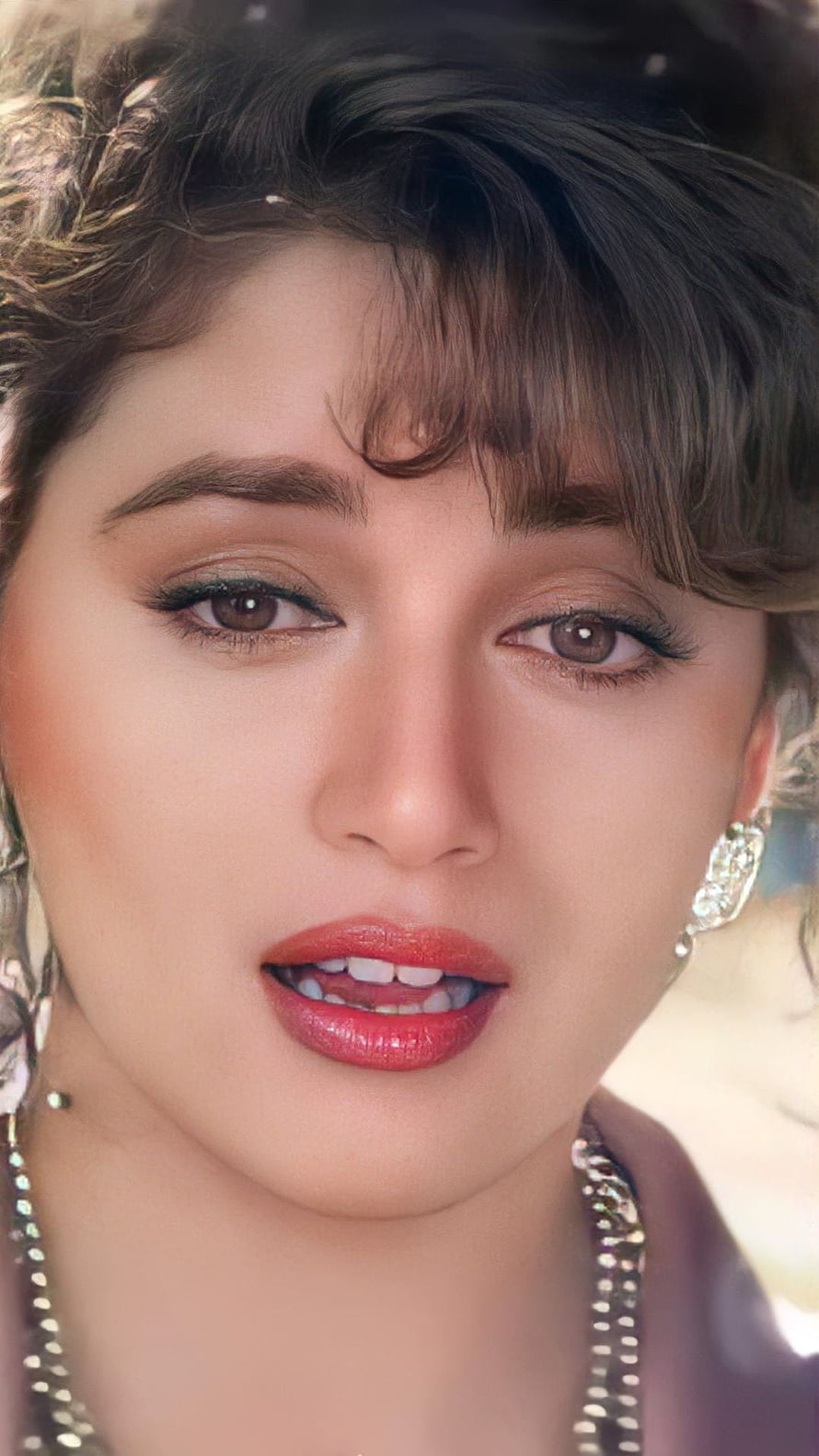 Madhuri Dixit Close-Up Portrait With Red Lipstick And Vintage Jewelry HD phone wallpaper