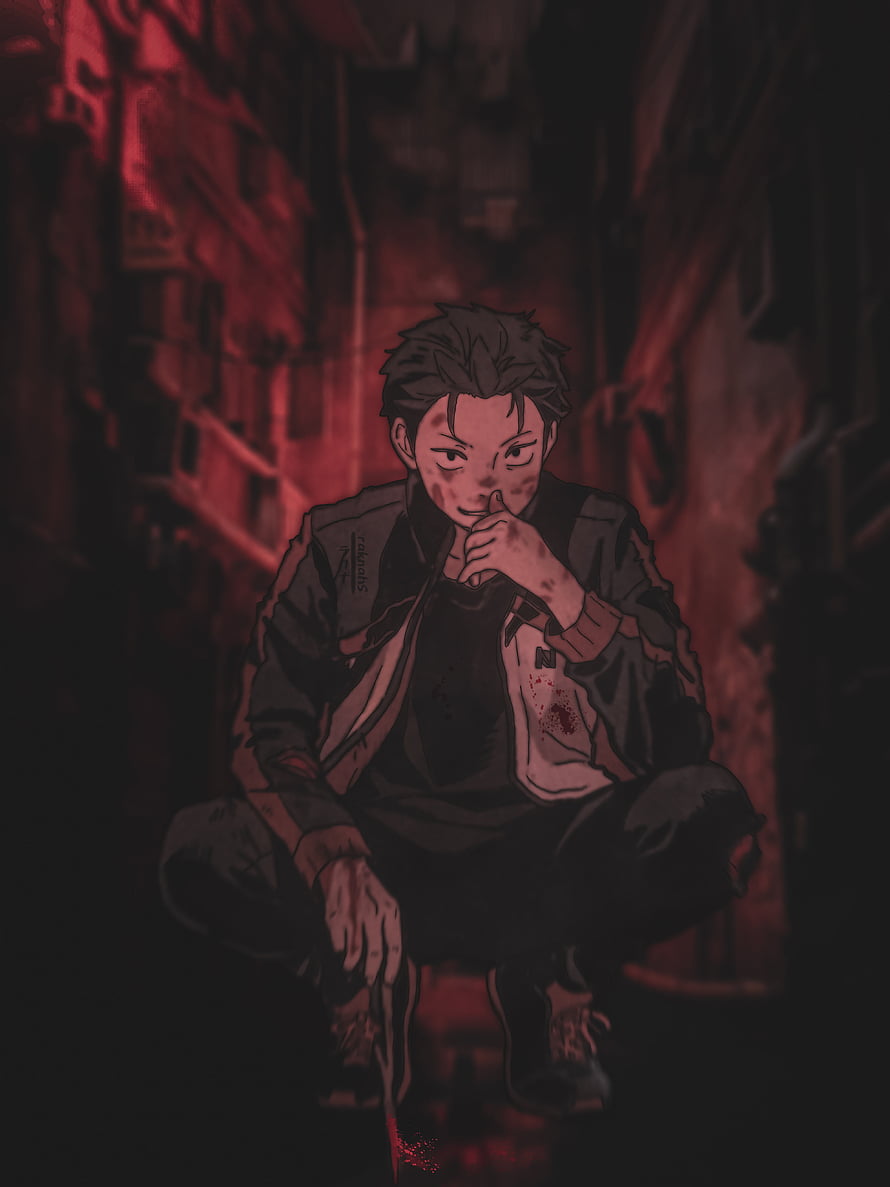 Natsuki Subaru Crouching in Dark Red Alleyway From Rezero Anime Illustration HD phone wallpaper