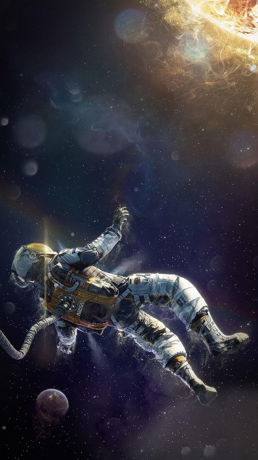 Astronaut Floating in Deep Space with Nebula and Distant Planet HD phone wallpaper