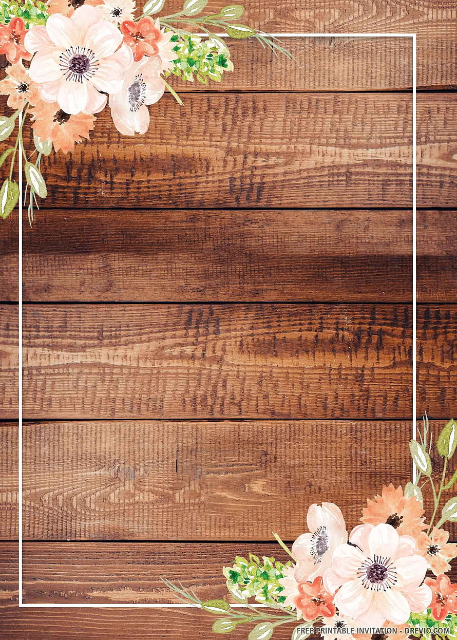 Rustic Wood Plank Background with Watercolor Floral Corner Accents and White Frame HD phone wallpaper