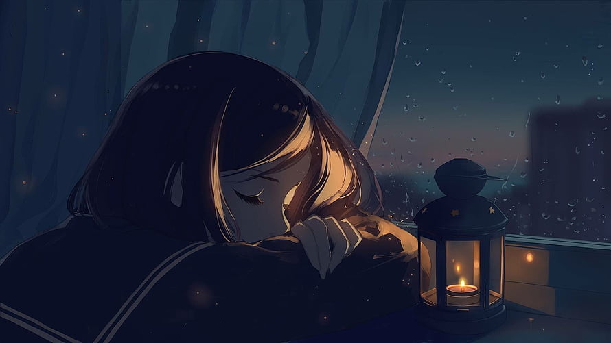 Anime Girl Sleeping By Window With Lantern In Rainy Night HD wallpaper