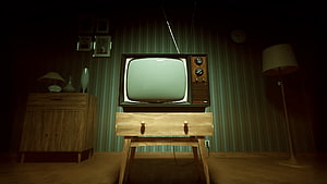 Retro CRT Television on Wooden Stand in Dimly Lit Vintage Living Room HD wallpaper