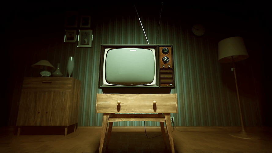 Retro CRT Television on Wooden Stand in Dimly Lit Vintage Living Room HD wallpaper