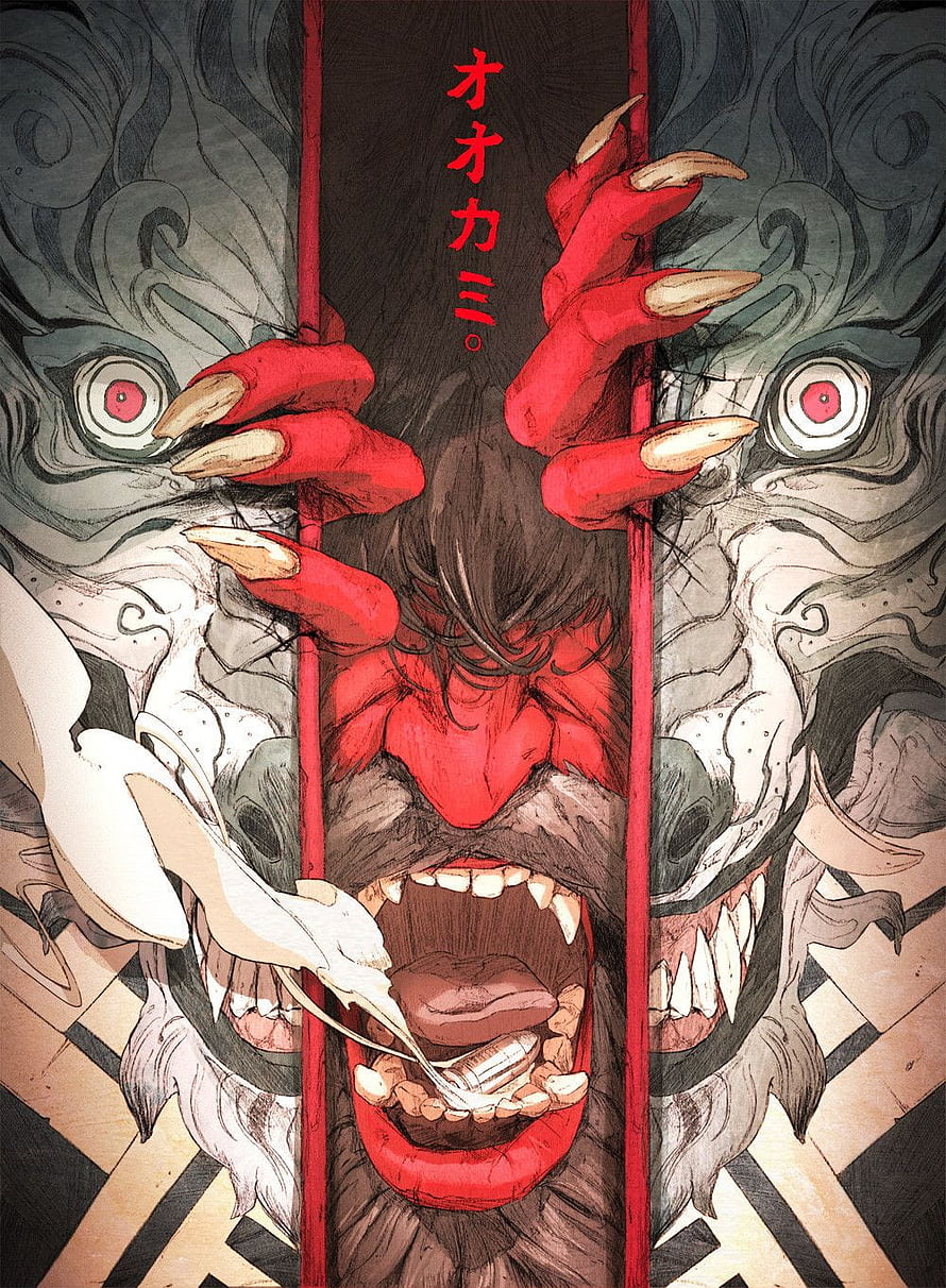 Okami no Sho Manga Cover Art Featuring Red Demon and Wolf Heads, Oni Mask, digital, : Art, Japanese Demon Paintings HD phone wallpaper
