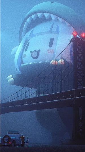 Giant kaiju monster with shark head looming over bridge and tiny humans, Gawr Gura, Art, Vtuber, Anime, Dinosaur, Hololive, Dino HD phone wallpaper