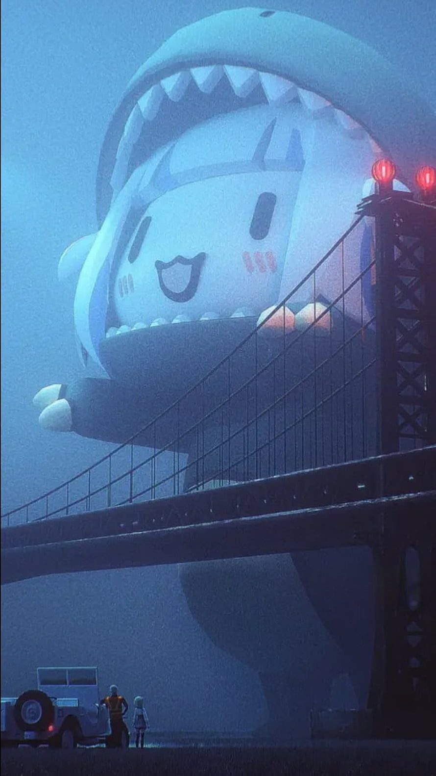 Giant kaiju monster with shark head looming over bridge and tiny humans, Gawr Gura, Art, Vtuber, Anime, Dinosaur, Hololive, Dino HD phone wallpaper