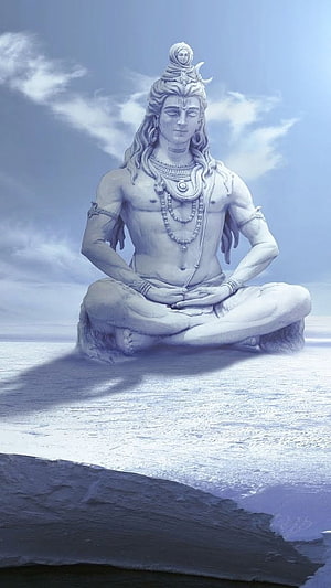 Meditating Lord Shiva Statue on Snowy Mountain Peak with Blue Sky Background HD phone wallpaper
