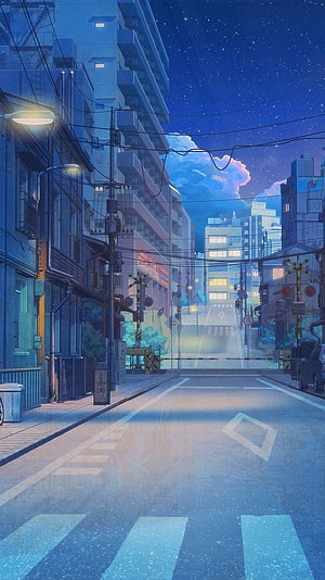 Anime Style Night City Street With Starry Sky And Train Crossing HD phone wallpaper