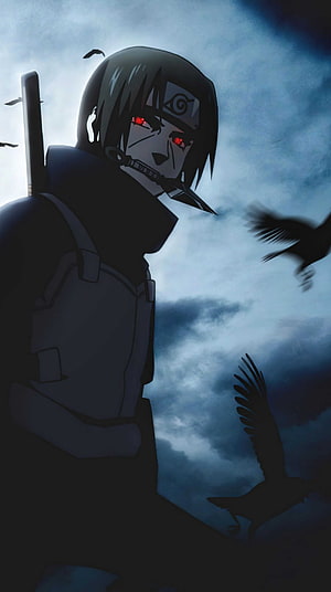 Itachi Uchiha Anime Character With Sharingan Eyes And Kunai In Mouth HD phone wallpaper