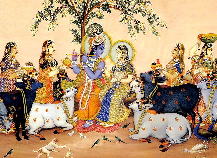 Krishna Playing Flute With Gopis And Cows In Traditional Indian Miniature Painting HD wallpaper