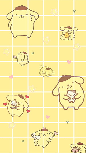 Pompompurin Kawaii Pattern on Yellow Grid Background with Stars and Hearts HD phone wallpaper