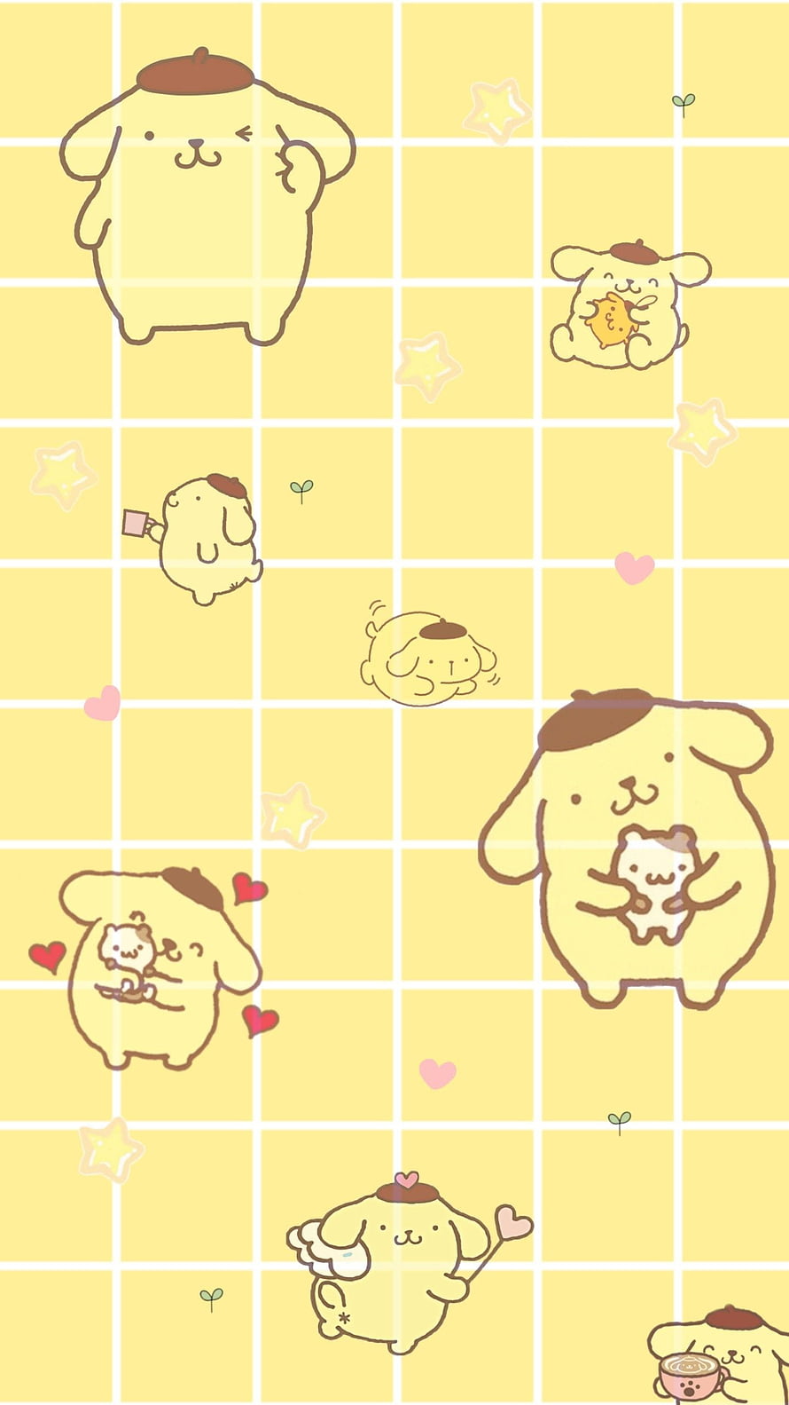Pompompurin Kawaii Pattern on Yellow Grid Background with Stars and Hearts HD phone wallpaper