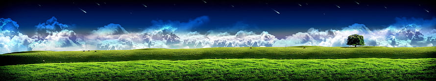 Panoramic Green Meadow with Lone Tree Under Dramatic Night Sky and Shooting Stars HD wallpaper