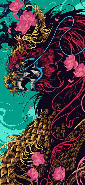 Vibrant Stylized Dragon Head With Pink Roses And Teal Background HD phone wallpaper