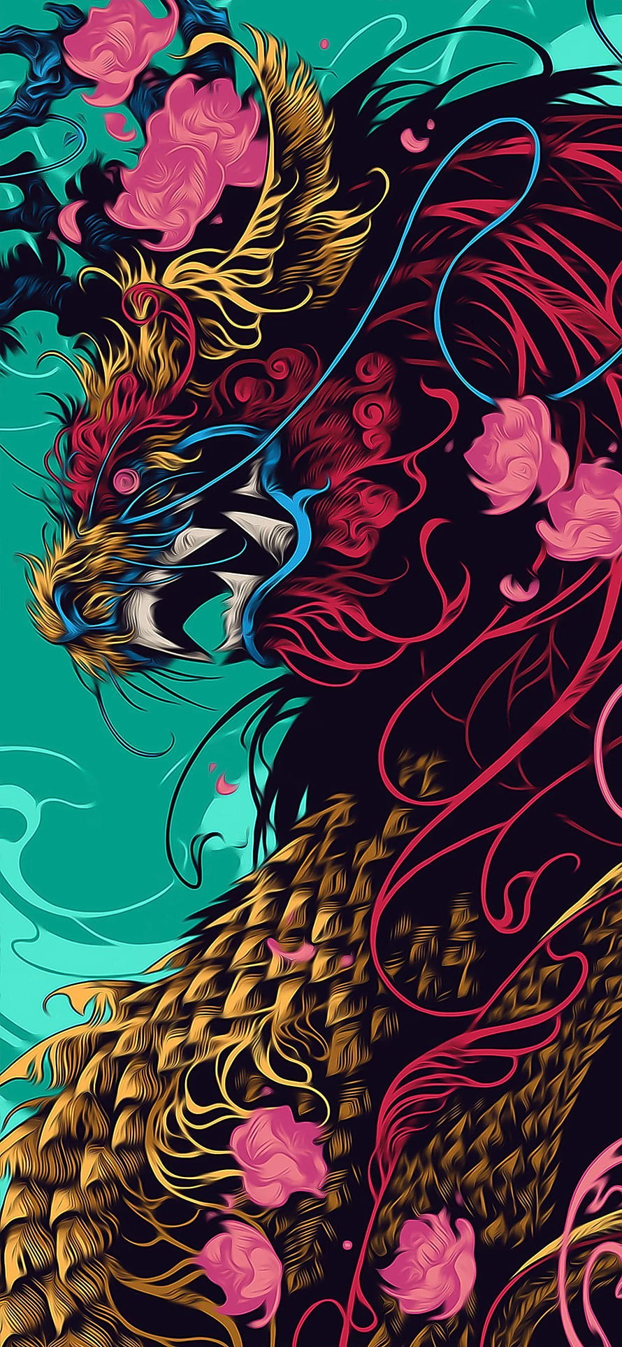 Vibrant Stylized Dragon Head With Pink Roses And Teal Background HD phone wallpaper