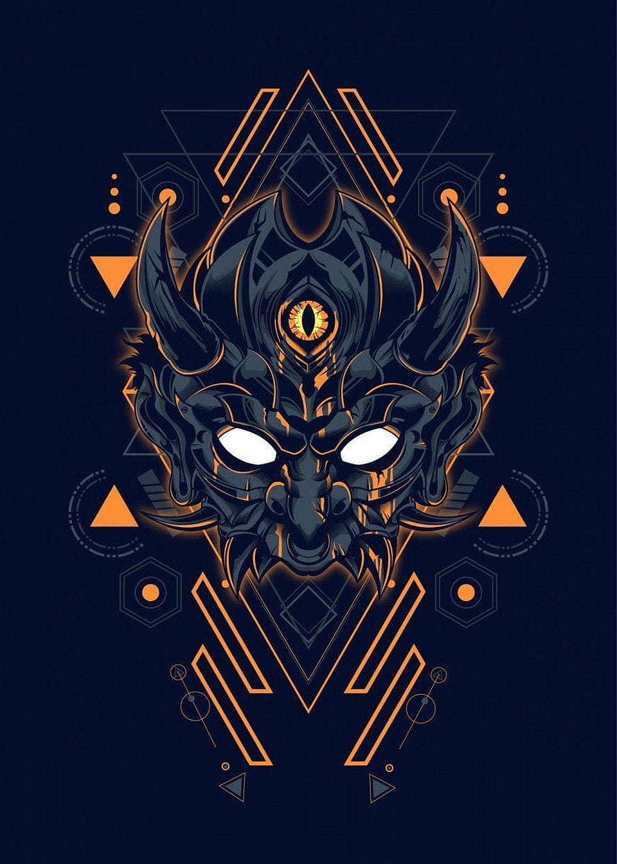 Futuristic Cyberpunk Demon Mask with Glowing Third Eye and Geometric Patterns HD phone wallpaper