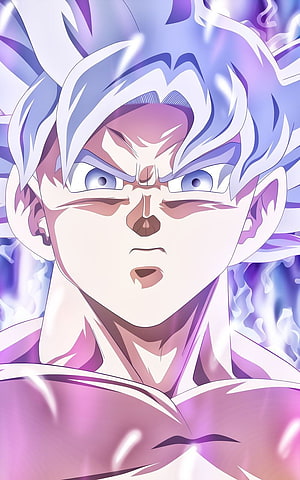 Goku Mastered Ultra Instinct Close-Up Portrait with Purple Aura and Intense Expression HD phone wallpaper