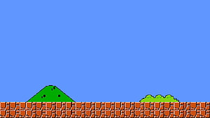Super Mario Bros 8-bit pixel art landscape with brick ground and green hills under a clear blue sky HD wallpaper