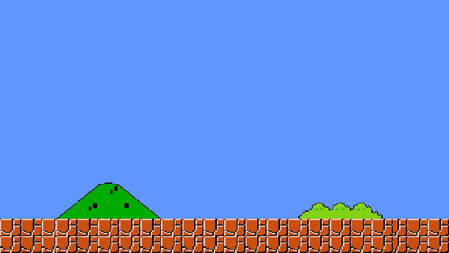 Super Mario Bros 8-bit pixel art landscape with brick ground and green hills under a clear blue sky HD wallpaper
