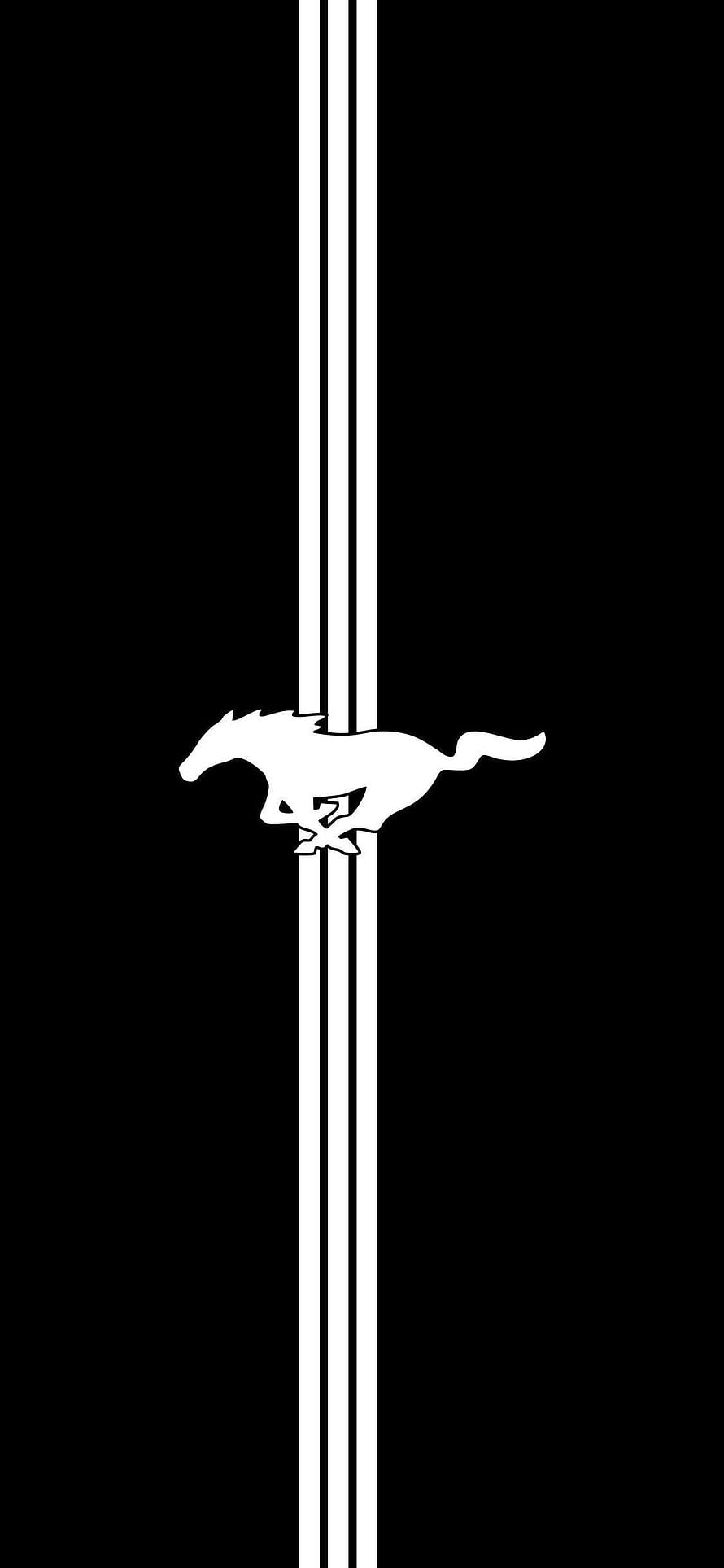 Minimalist Ford Mustang Pony Emblem with Vertical Racing Stripes on Black Background HD phone wallpaper