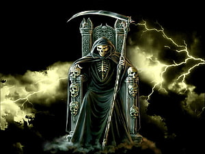 Grim Reaper Skeleton Seated on Skull Throne with Scythe and Lightning Storm HD wallpaper