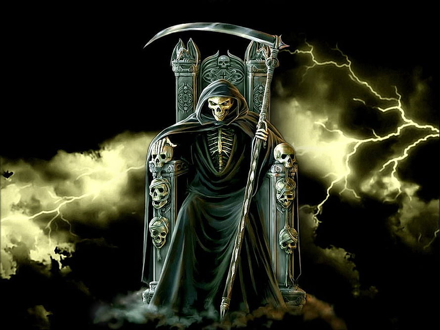 Grim Reaper Skeleton Seated on Skull Throne with Scythe and Lightning Storm HD wallpaper