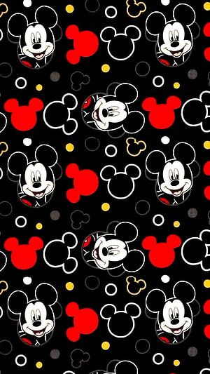 Mickey Mouse Pattern Wallpaper with Red Silhouettes and Classic Cartoon Faces on Black Background HD phone wallpaper