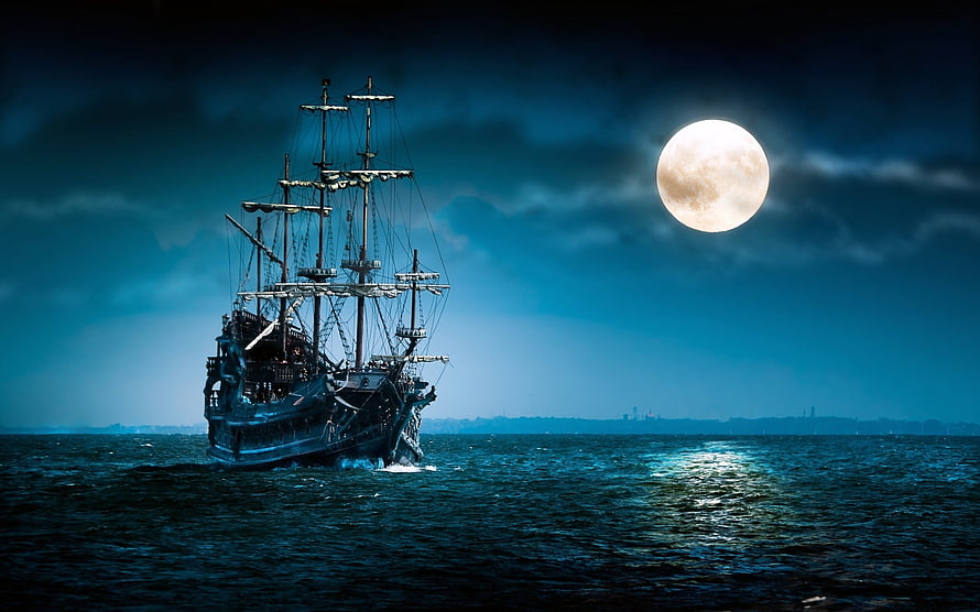 Pirates of the Caribbean Galleon Sailing Under a Full Moon on a Dark Ocean HD wallpaper