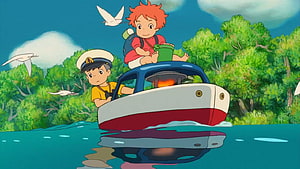 Ponyo and Sosuke Sailing a Small Boat Through Lush Green Waters in Studio Ghibli Animation HD wallpaper