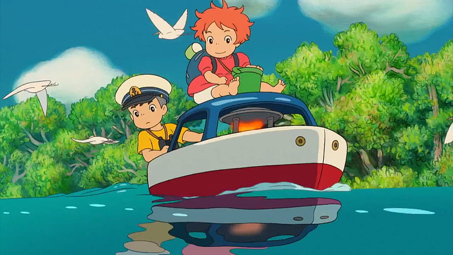 Ponyo and Sosuke Sailing a Small Boat Through Lush Green Waters in Studio Ghibli Animation HD wallpaper