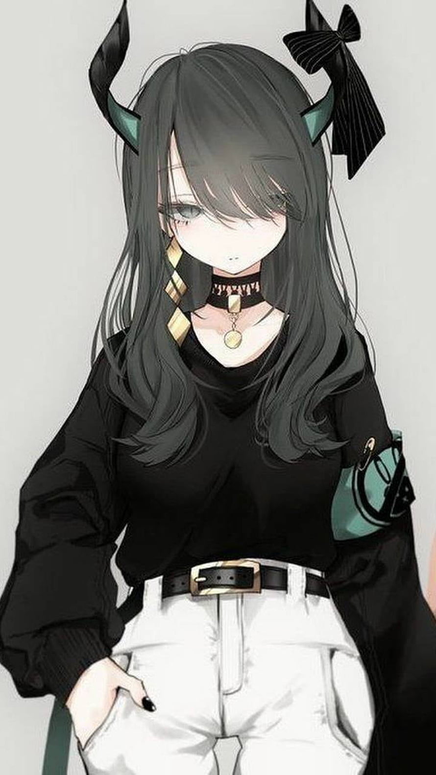 Anime Girl With Black Horns And Teal Accents Wearing Black Sweater And White Pants HD phone wallpaper